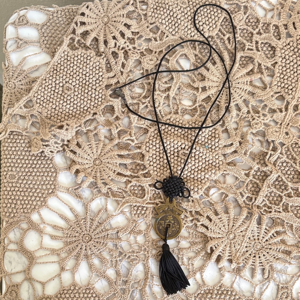 Intricate Chinese knot Black tassel and Gold Pendant Necklace
